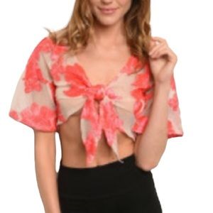 Floral Short Sleeve Tie Crop Top Shrug Coral